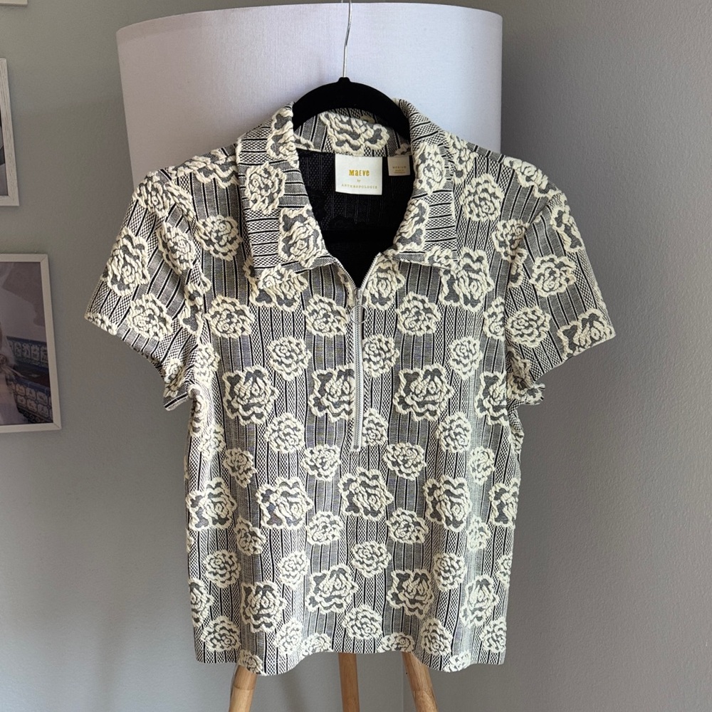 Anthropologie Floral Short Sleeve Polo in Cream and Black